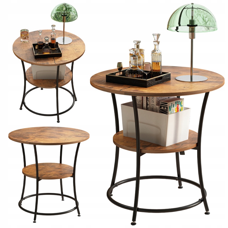 Konferenční Stolek Industriální Kulatý Do Obývacího Pokoje S Poličkou Hnědý Loft 55 CM