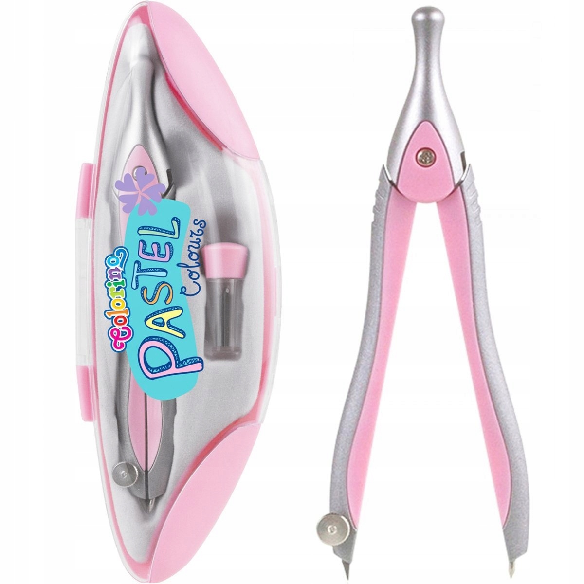 Cyrkiel Szkolny Pastelowy W Kasetce Etui + Zapasowe Grafity Colorino