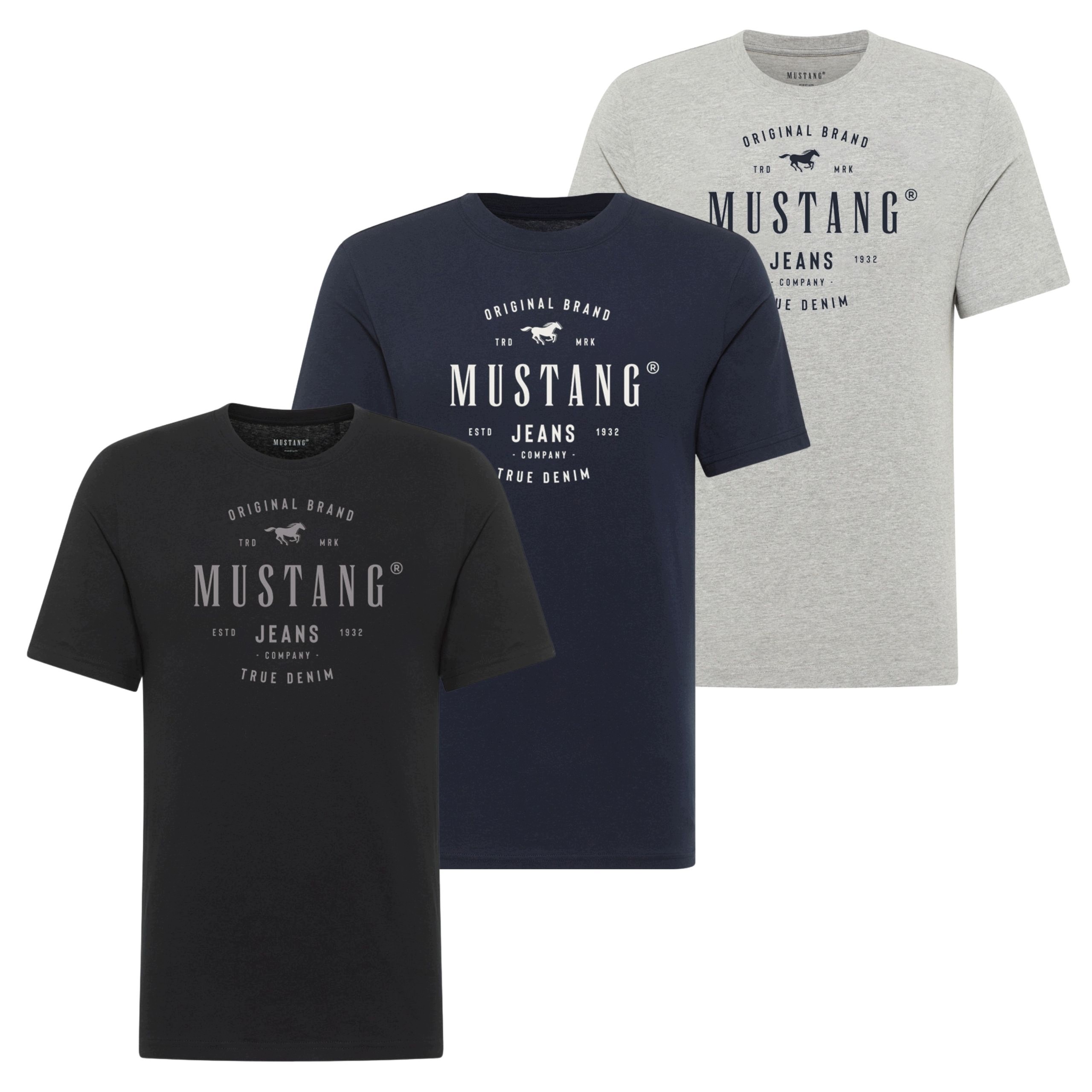 3Pak Pánské tričko Mustang Style Alex Černá Modrá Šedá 3XL