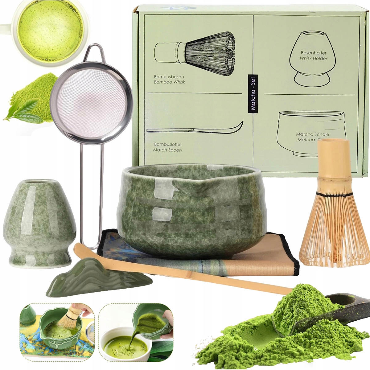Zestaw do Matcha z Miską Ceramiczną, Akcesoria do Robienia Matchy Zielony