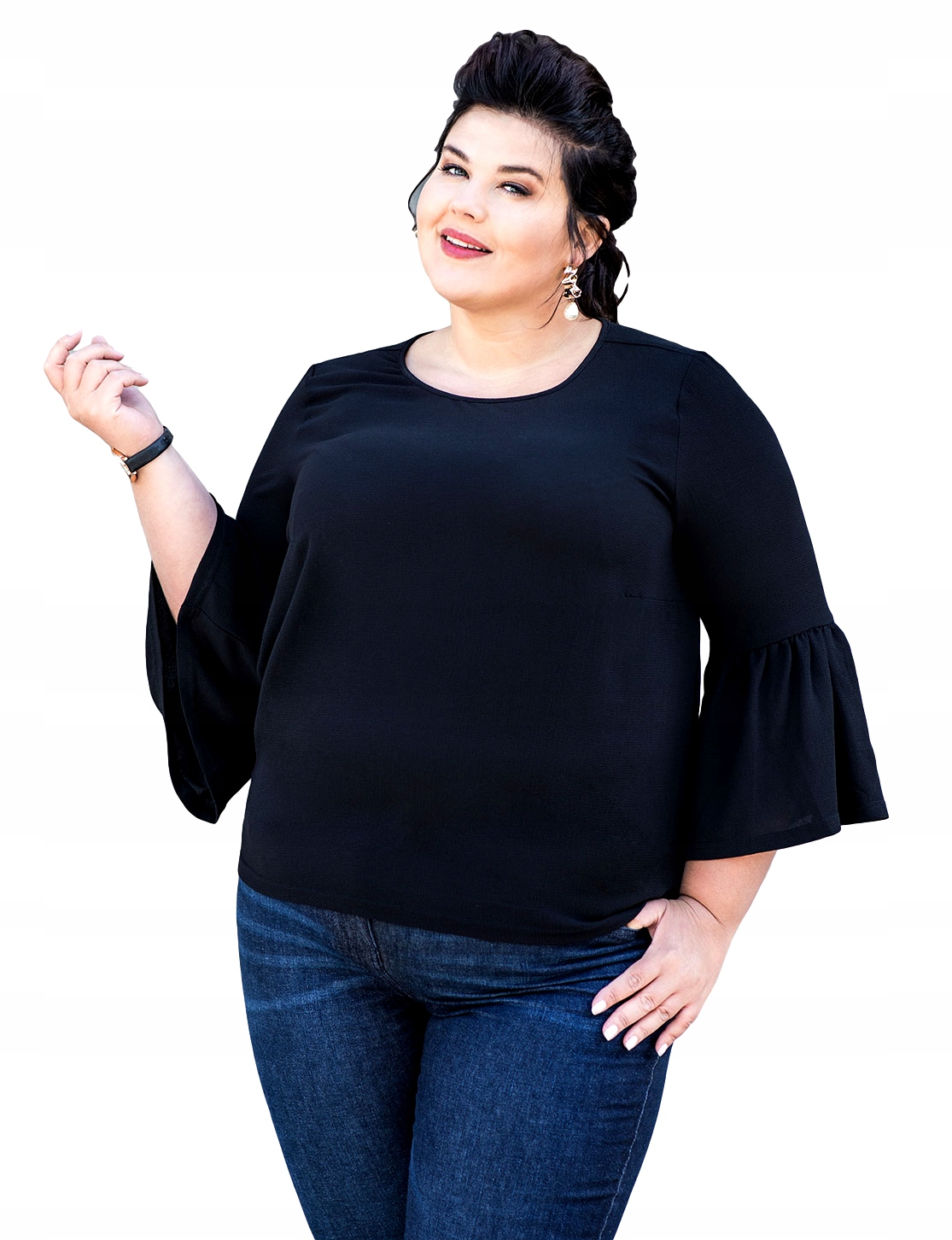 

Bluzka damska falbany Plus Size Czarna *46 *3XL