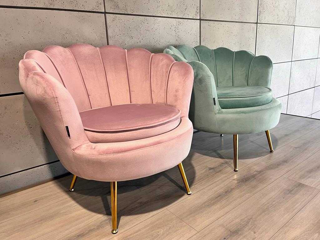 Fotel Muszla welurowy stylowy Glamour krzesło miękkie tapicerowane Lugano Szerokość mebla 74 cm