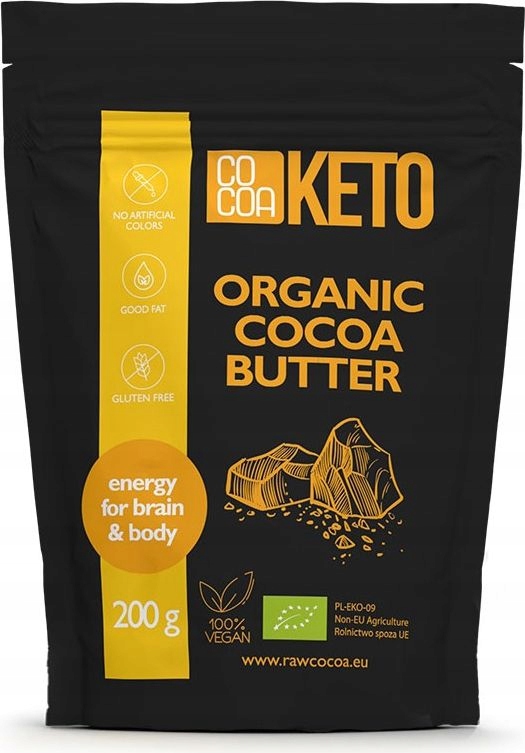 Bio Tłuszcz kakaowy 100% Keto bez Gmo Vegan bezglutenowy 200g Cocoa