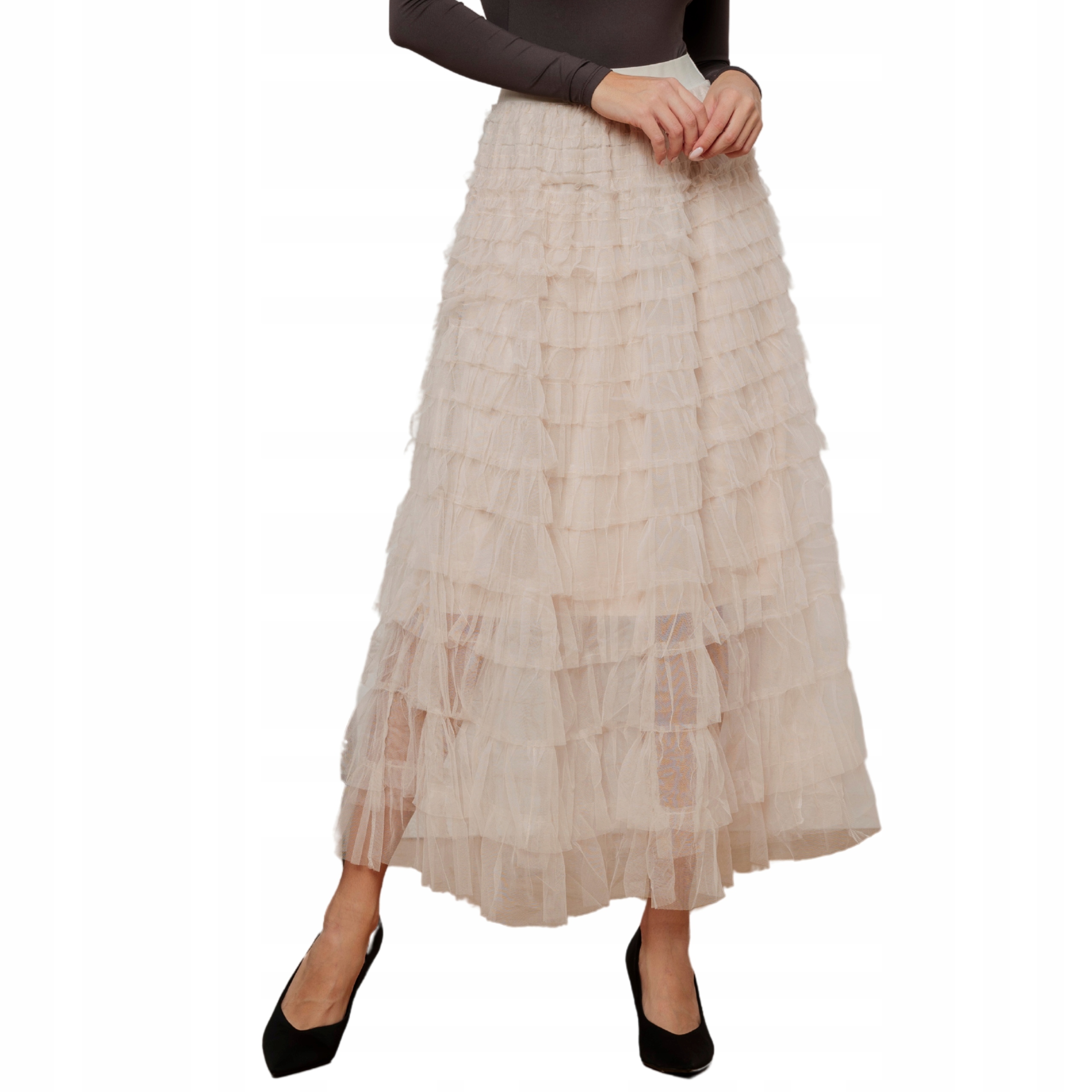 Sukně tylová dlouhá na gumě maxi volány bohatá glamour j.béžová Uni
