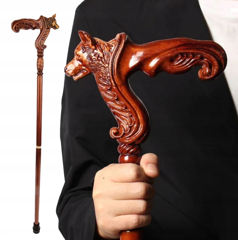 Laska drewniana ozdobna Wilk Laska spacerowa z drapieżnym akcentem wilka
