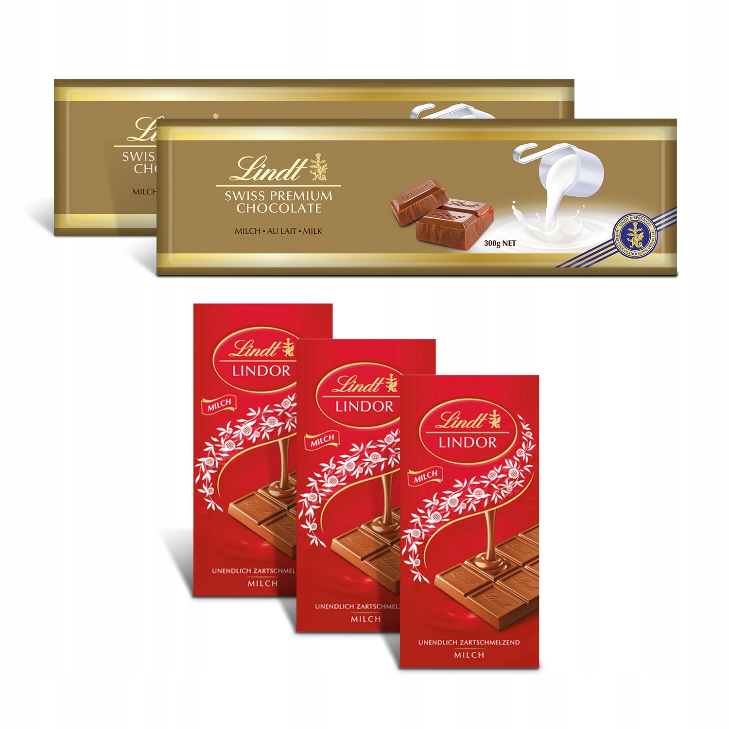 Lindt zestaw czekolad mleczne Swiss 2x300g i Lindor 3x100g