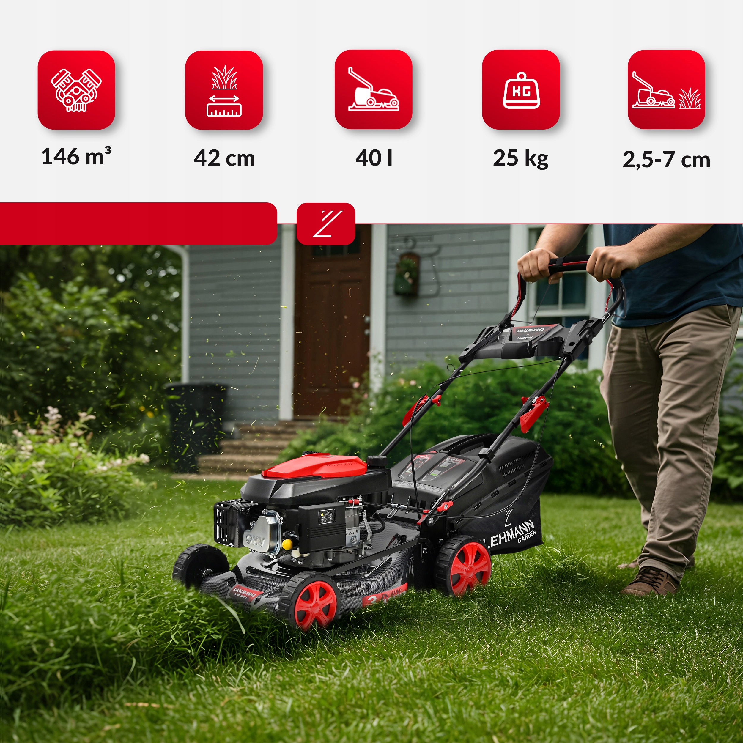 KOSIARKA SPALINOWA LEHMANN 44CM NAPĘD POTĘŻNA SILNIK 146CC MULCZOWANIE OLEJ Kod producenta Kosiarka spalinowa z żeliwną tuleją