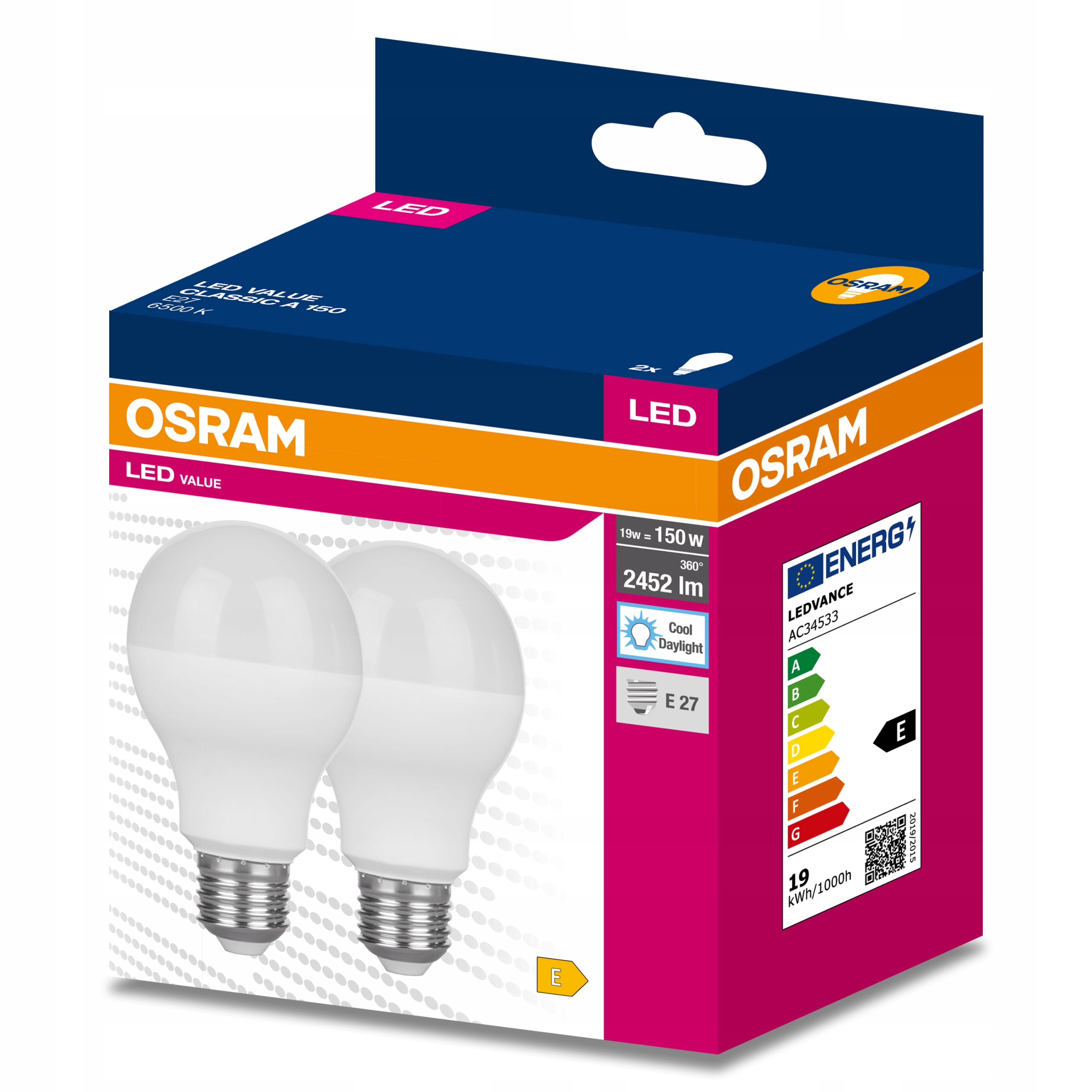 

2x Żarówka Led E27 19W 150W 2452lm 6500K Osram