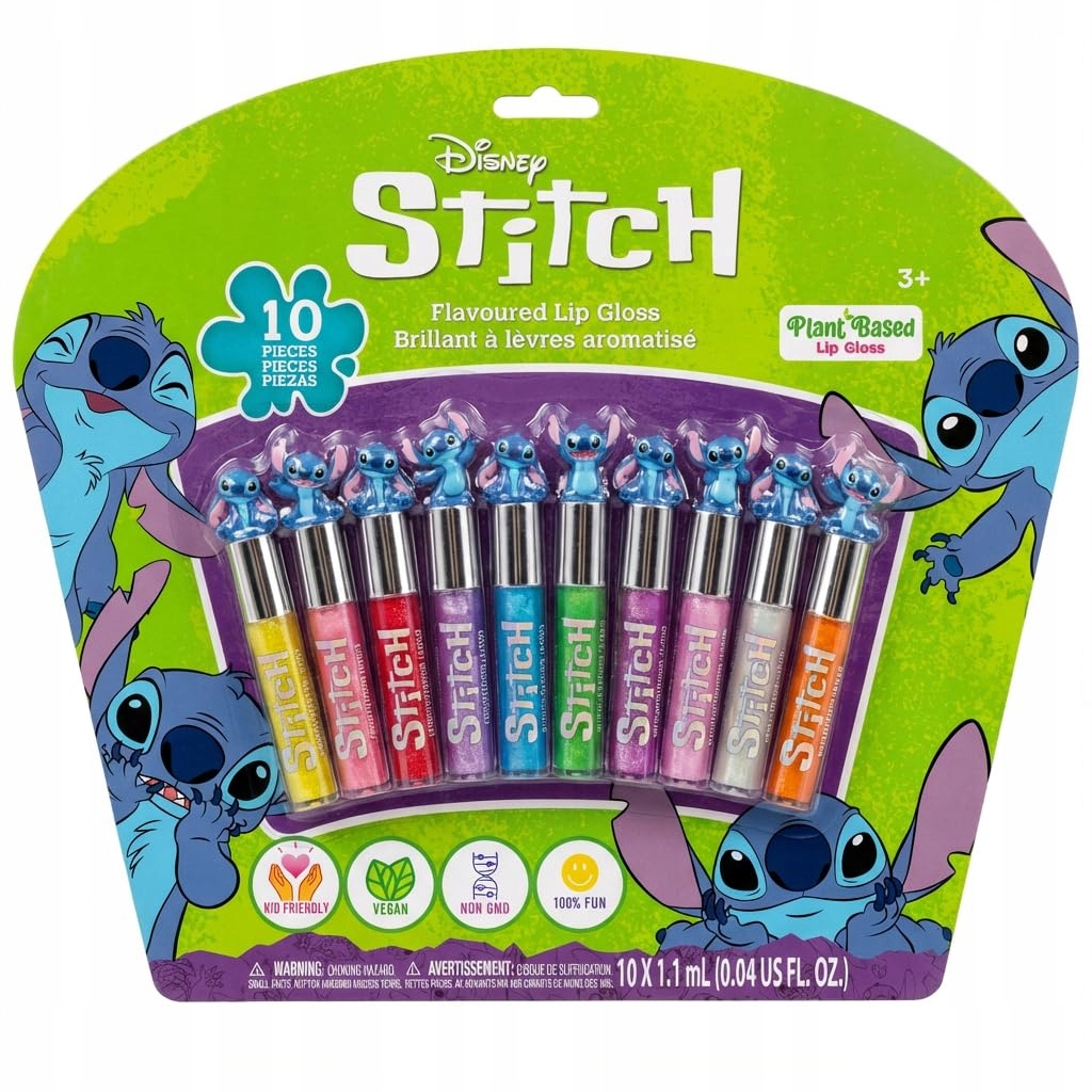STITCH BŁYSZCZYK DO UST ZESTAW 10X ROŚLINNY MAKIJAŻ DLA DZIEWCZYNEK 3+