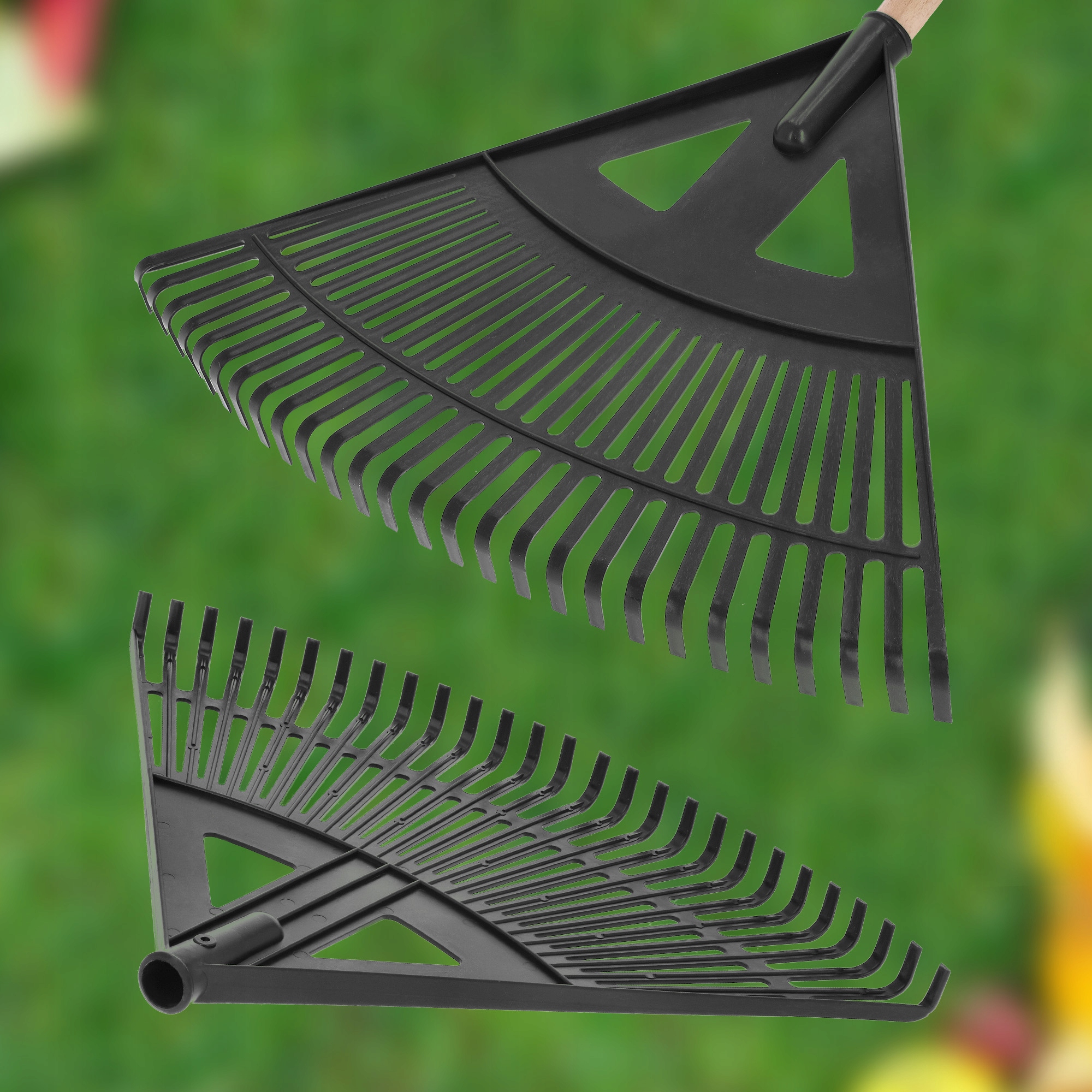 GRABIE WACHLARZOWE GRABKI DO LIŚCI I TRAW OGRODOWE PLASTIKOWE CZARNE 580 MM Długość narzędzia 150 cm