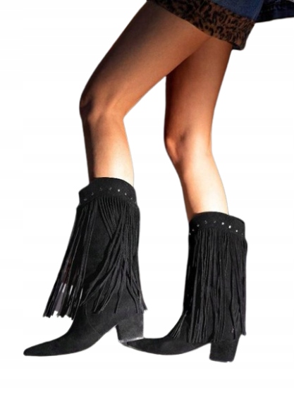 KOZAKI DAMSKIE CZARNE WSUWANE FRĘDZLE 40 ŁJA