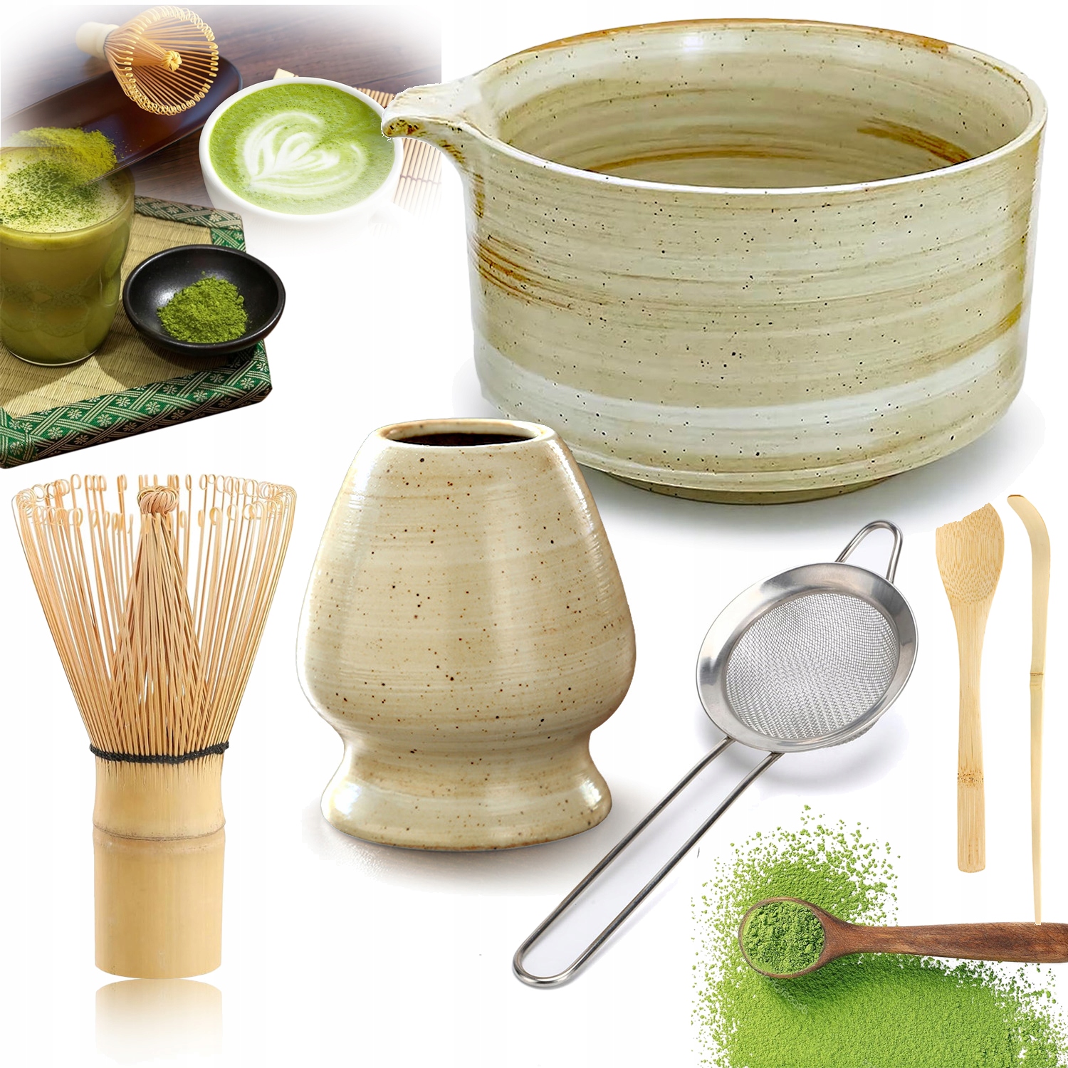 Levně Bambusová Šlehací Metla Matcha 6V1 Sada Keramika Dárek
