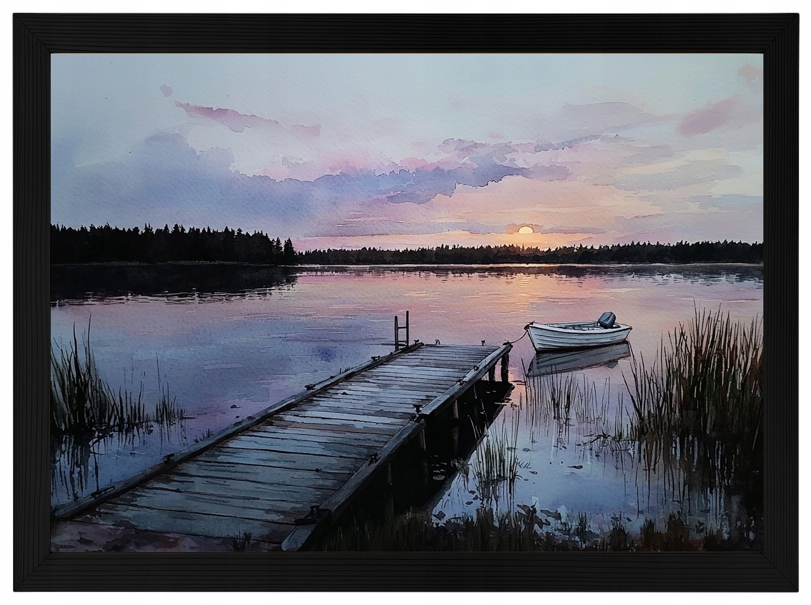 Plakát Rámeček Dřevo Krajina Jezero Přístav Most Loďka Slunce 100x70