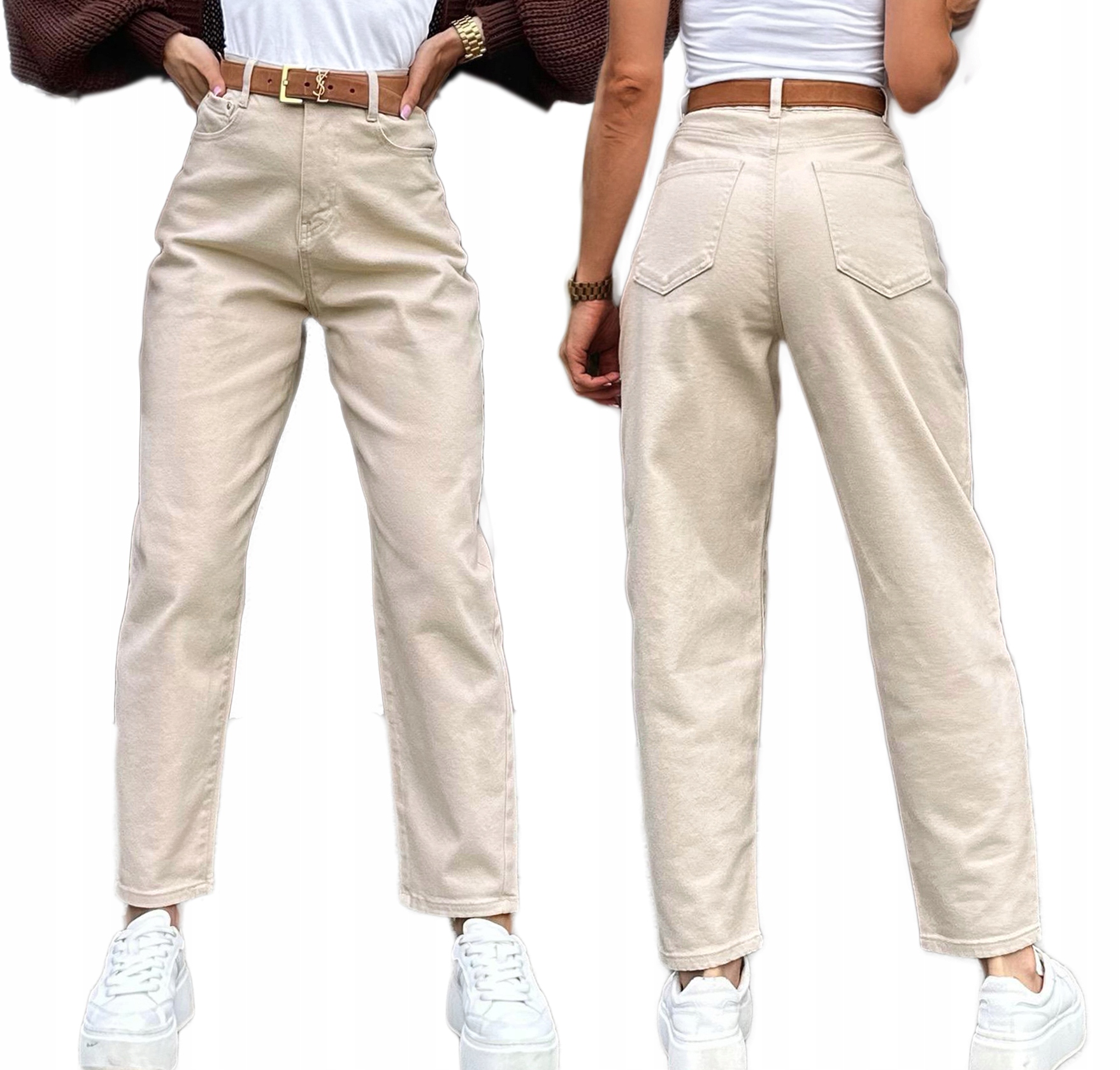 Jeansowe Spodnie damskie beżowe jeansy Mom Fit XL Adison