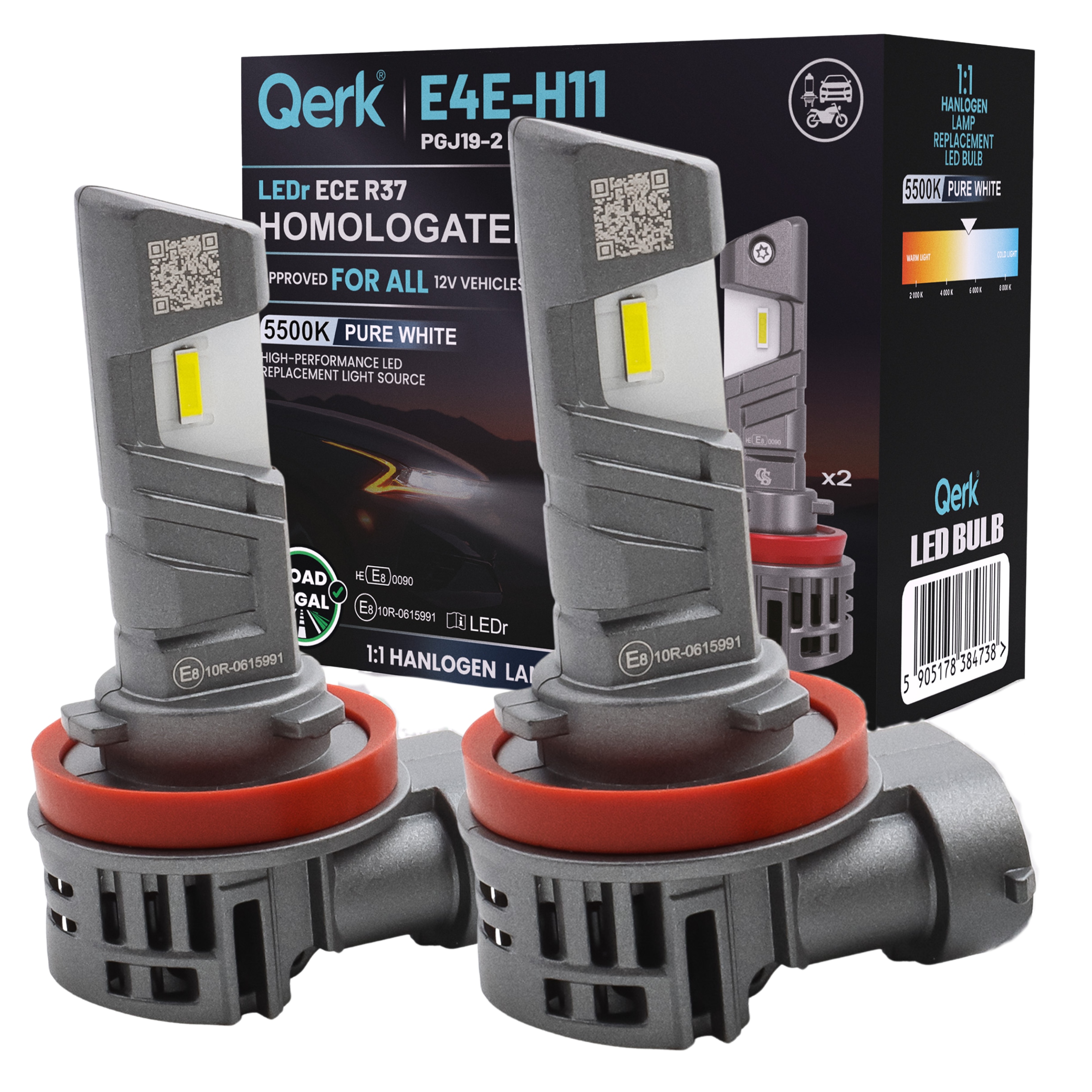 Żarówki Led H11 Qerk E4E LEDr Homologacja Drogowa Ece R37 12V 5500K 2700lm