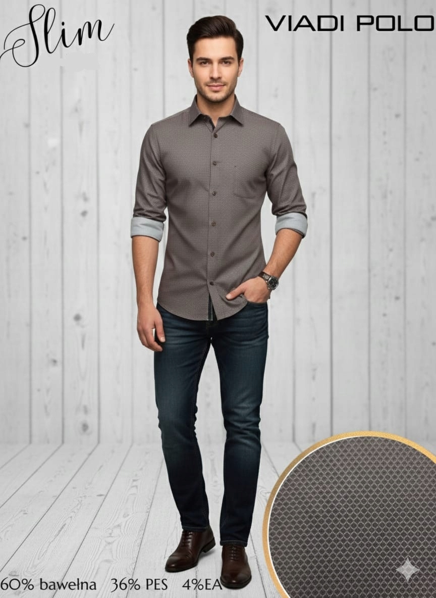 Pánská košile Viadi Polo Hnědá Růžová vzor Slim Fit XL s dlouhým rukávem MicroSatén