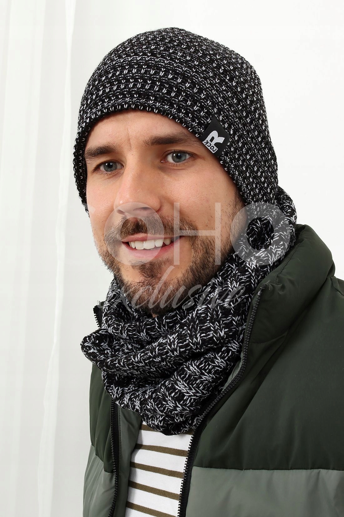 KOMPLET MĘSKI CZAPKA BEANIE KOMIN GOLF TUBA ELEGANCKI ZESTAW CIEPŁY 2447 Model 2447