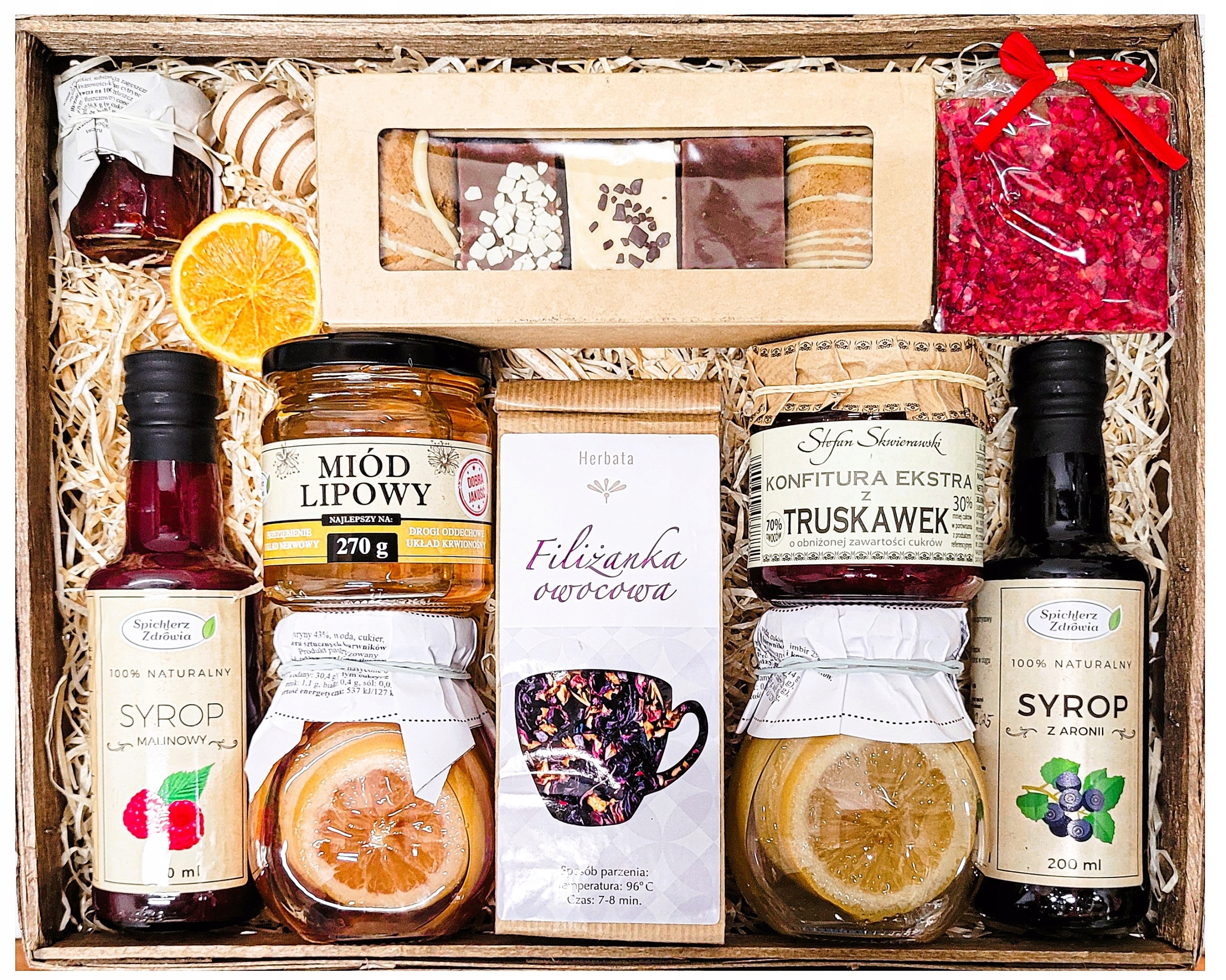 Levně Velký Dárkový Koš Dárek Dárkové Balení Čaje Med Čokoláda Sirup Malina