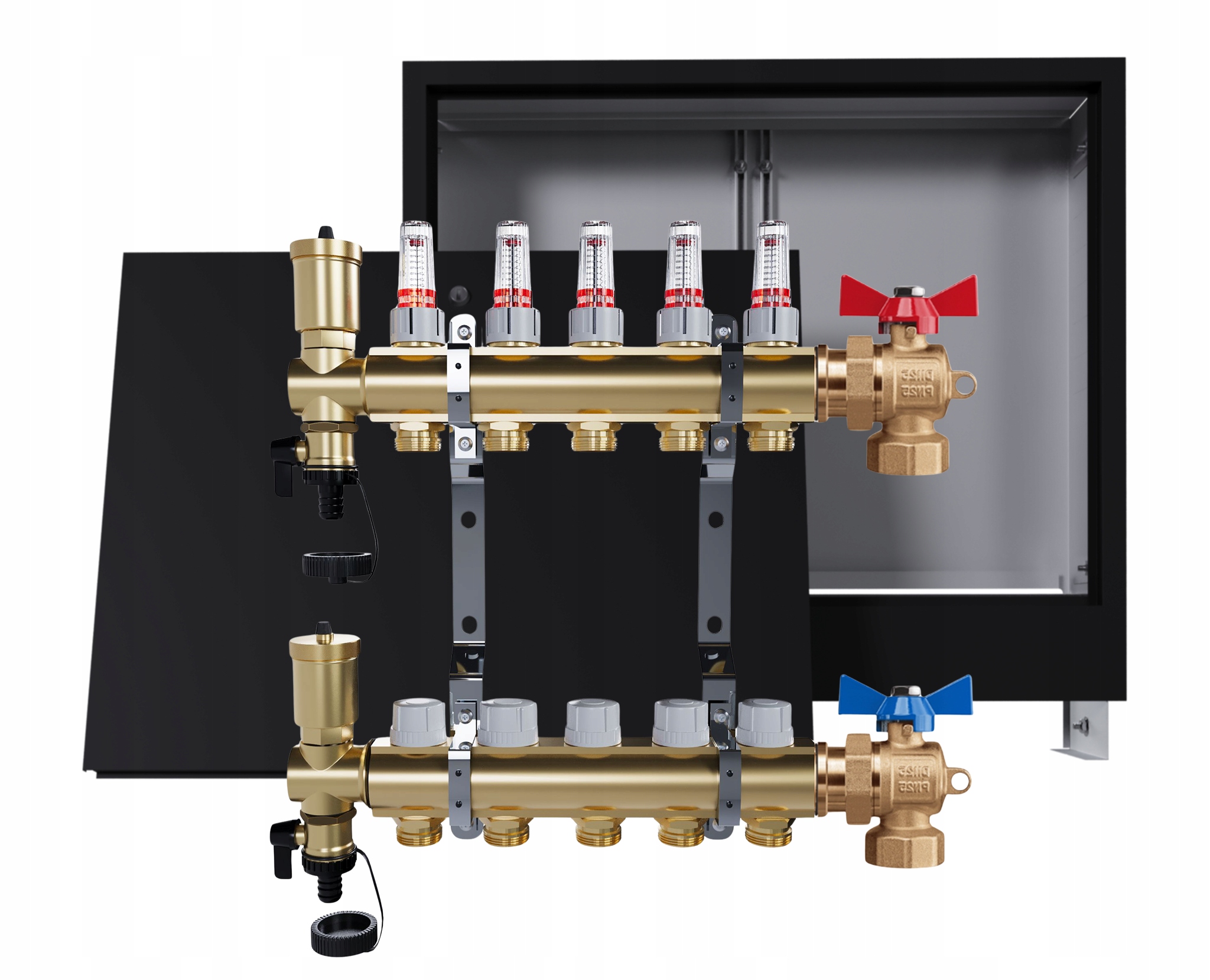 Rozdělovač podlahových krytin mosazný 5 okruhů podomítková skříň ventily