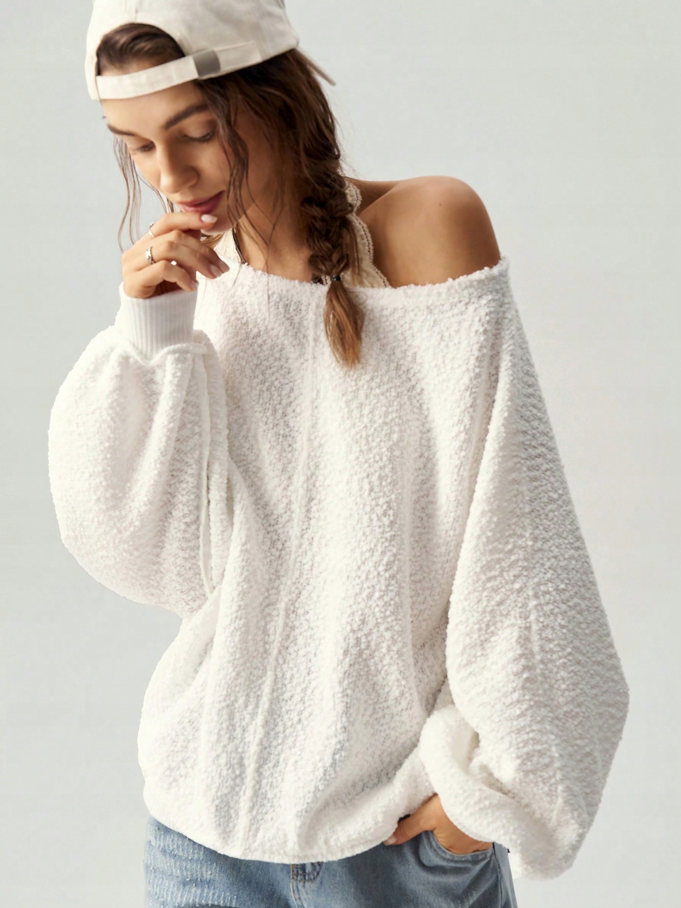 Volný Oversize Svetr S Texturovaným Lodičkovým Výstřihem, Ecru Shein, Velikost 36