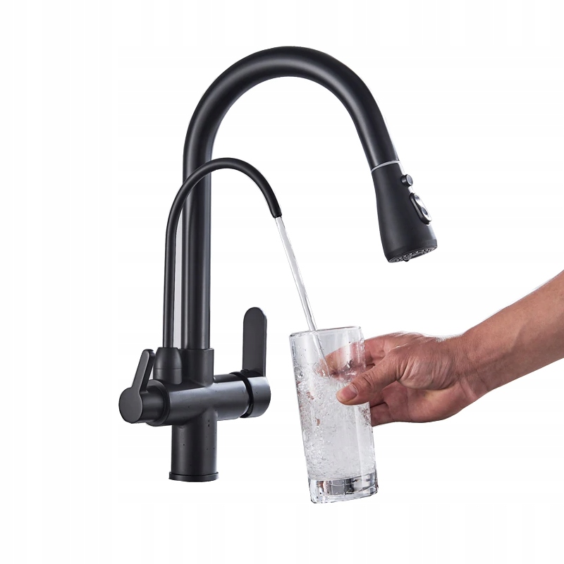 Kuchyňská baterie třícestná černá Mosazný Výtok Ww