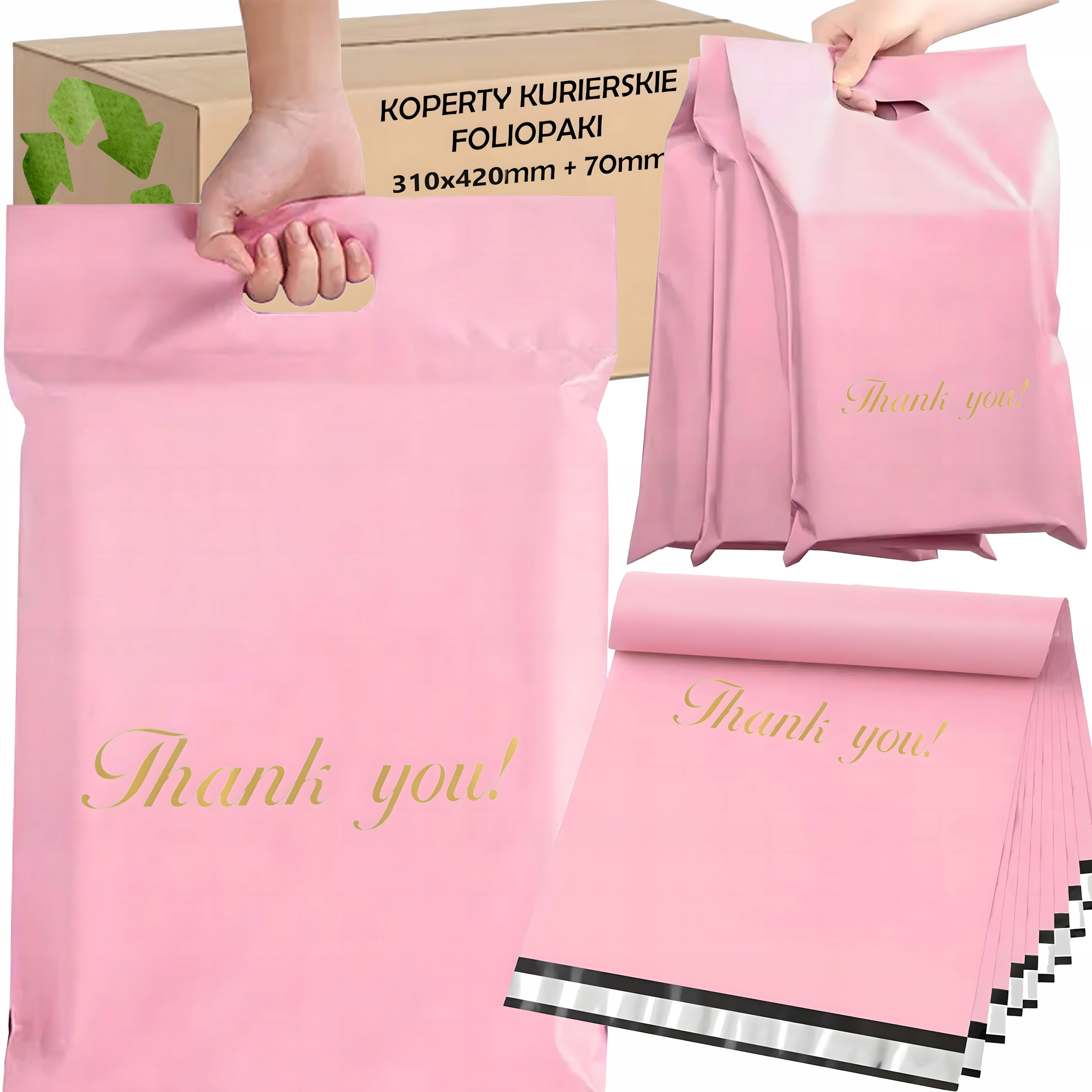 FOLIOPAKI KURIERSKIE RÓŻOWE Z RĄCZKĄ 310x420 + 70 50szt THANK YOU Liczba sztuk w ofercie 50 szt.