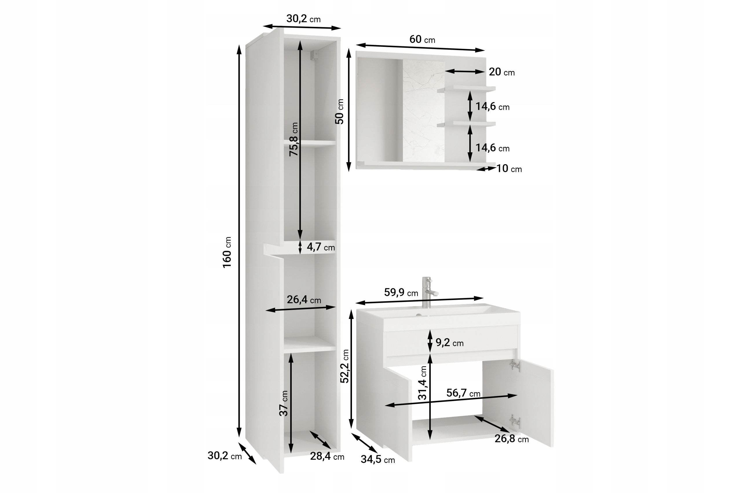 ZESTAW MEBLI ŁAZIENKOWYCH Z LUSTREM I UMYWALKĄ KOMPLET DĄB WOTAN BIAŁY Kolor frontów biały