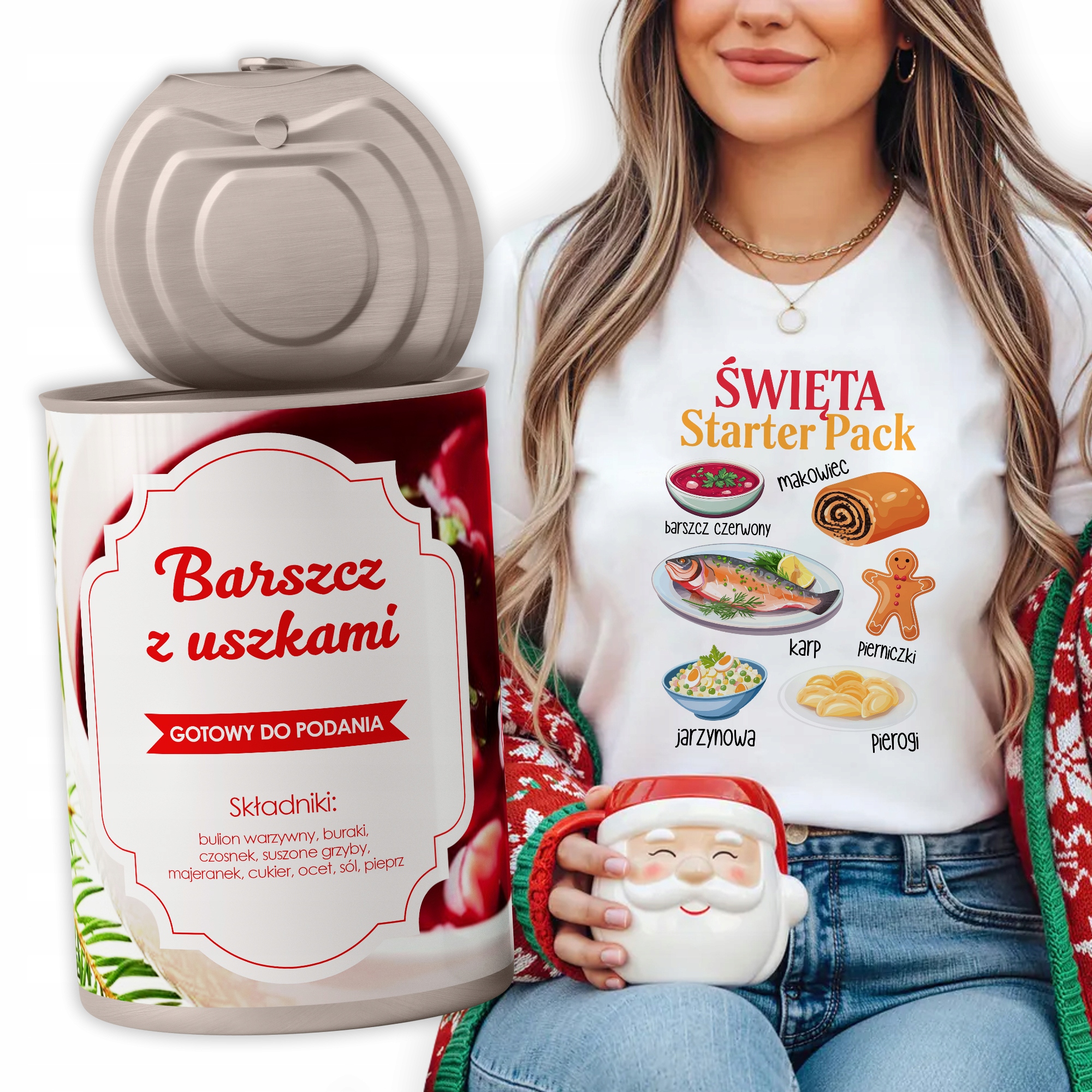 Tričko v plechovce Boršč s oušky, bílé, na Vánoce, Starter Pack, Xs