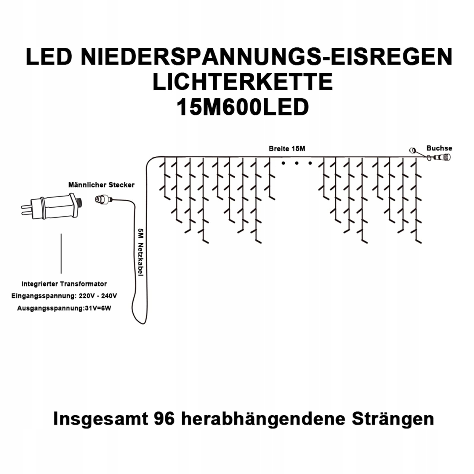 LICHTERKETTE Kurtyna LED 15m 600 LED IP44 Timer 8 Trybów — miniatura 7