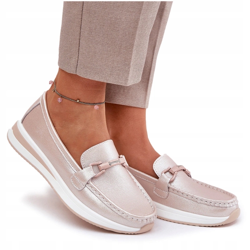 Dámské Mokasíny Přírodní Kůže Ozdoba S.barski GR51-598 Perleťová Růžová 38