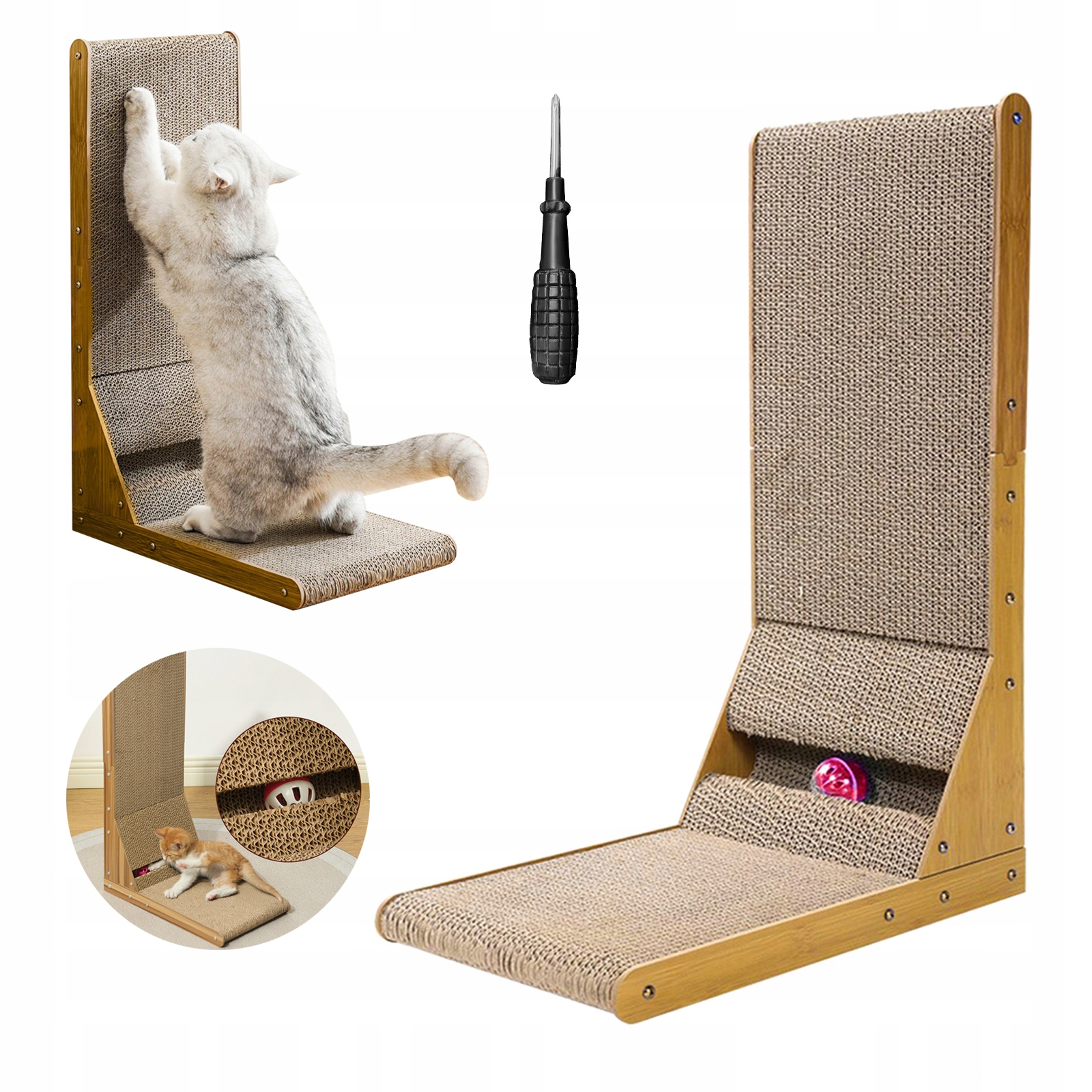 Levně Rohové škrabadlo pro kočky 60 cm, odolný kartonový škrabadlo s hračkou míčem