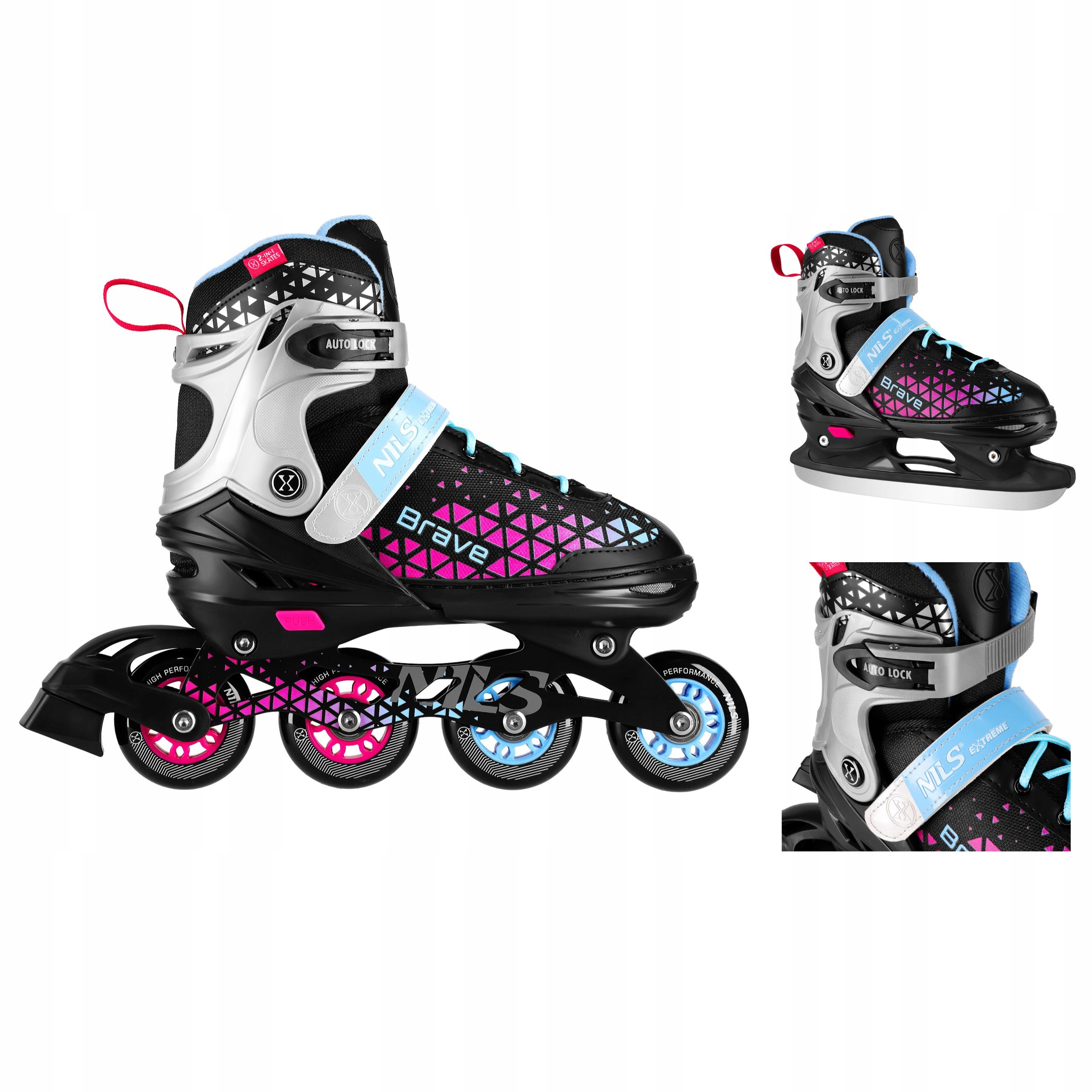 Brusle 2v1 2v1 S 29-33 růžové brusle na led nastavitelné hokejový set Nils Extreme