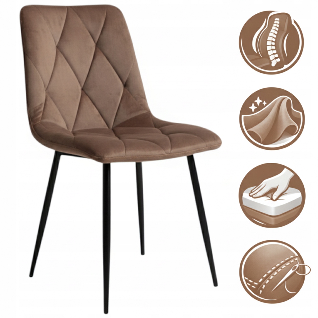 Velurové křeslo Velvet pro jídelnu v obývacím pokoji, prošívané, čalouněné, hnědé