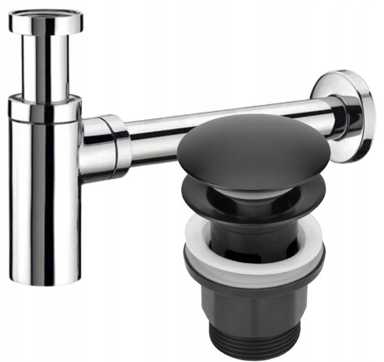 Syfon okrągły umywalkowy chrom + korek klik-klak do umywalki czarny mat