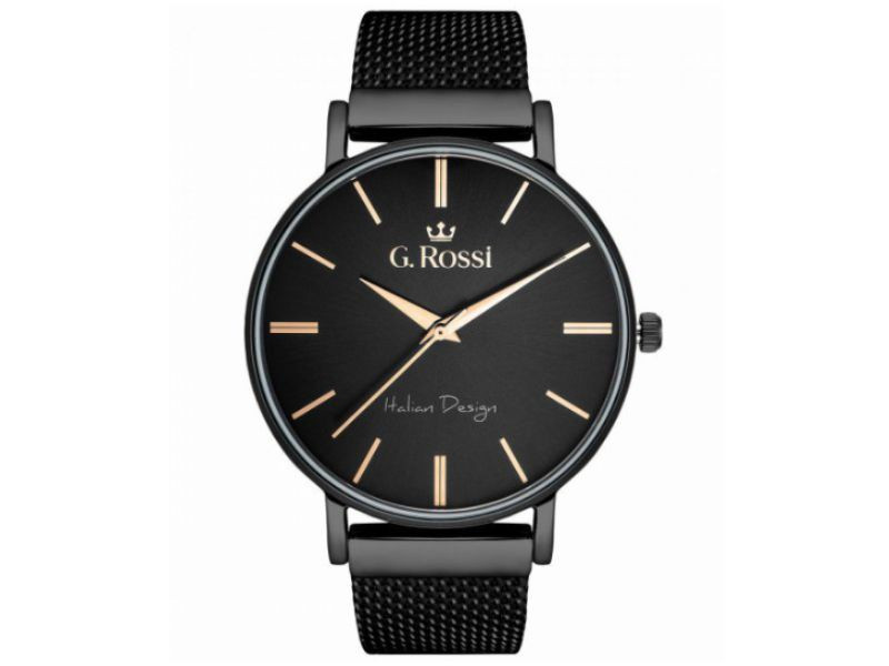 Černé pánské hodinky s mesh náramkem a měděnými ručičkami – dárek