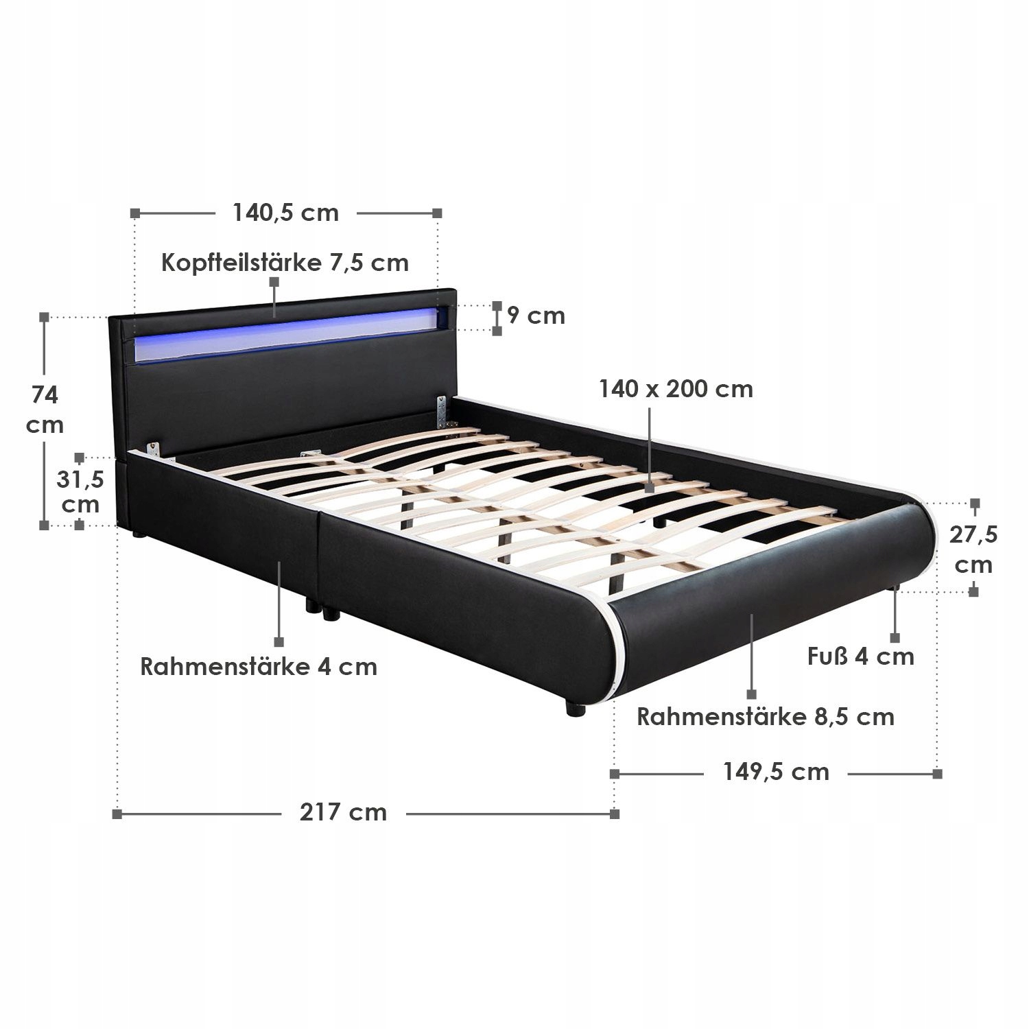 614 Łóżko tapicerowane stelaż LED 140x200 SEVI RGB Wykonanie mebla inne