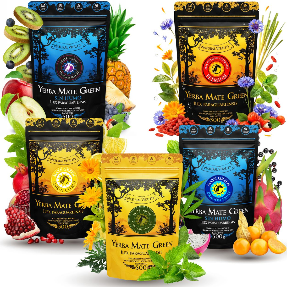 Sada Yerba Mate Green Energia Guarana 5x500g Mix nejlepších příchutí 2,5 kg