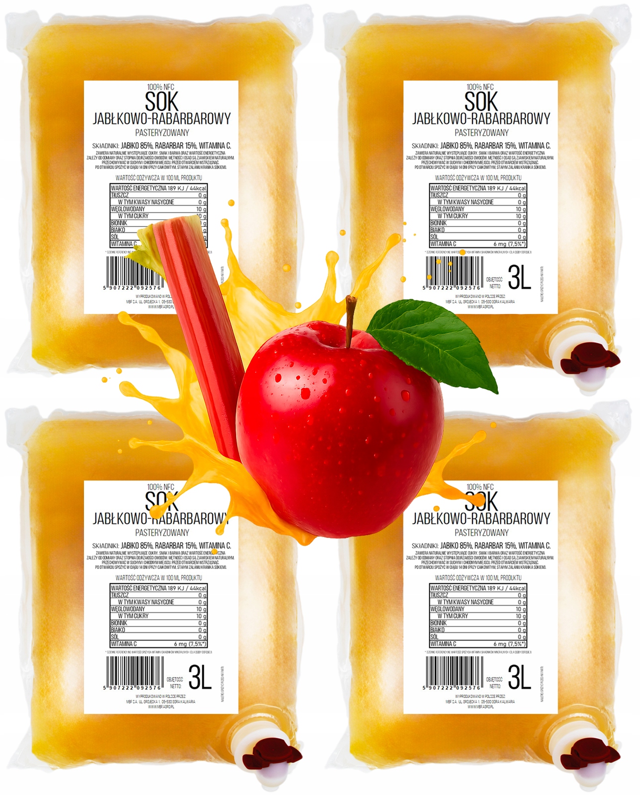Sok Jabłkowo-rabarbarowy Tłoczony 100% Nfc Pure Press Zestaw 4 x 3L