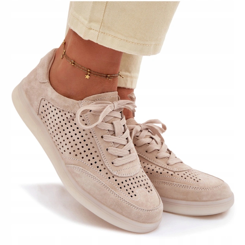 Sneakersy Damskie Niskie Ażurowe Skóra Zamszowa Beżowe 38