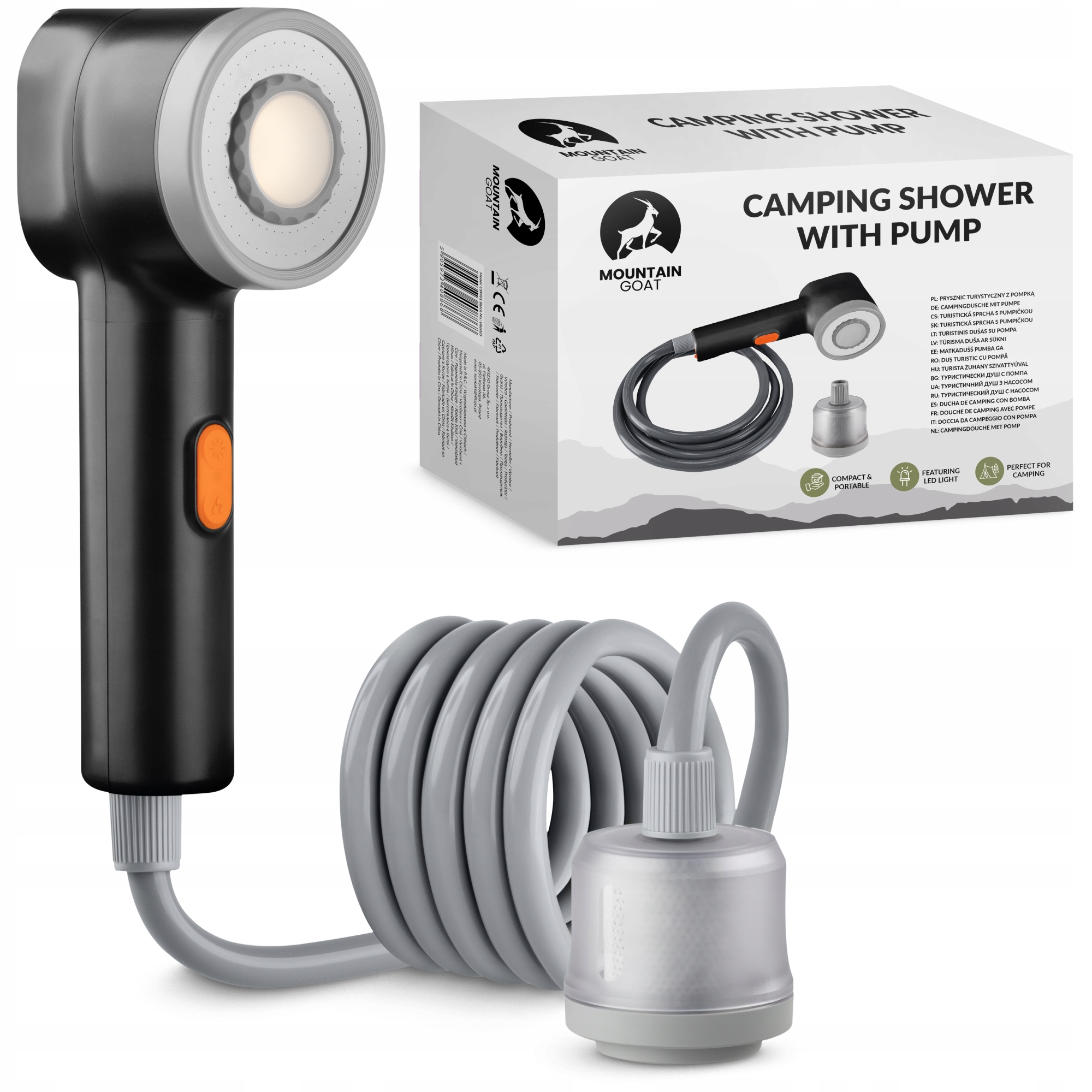 Prysznic Turystyczny Kempingowy Z Pompką Akumulatorowy Usb Led Latarka