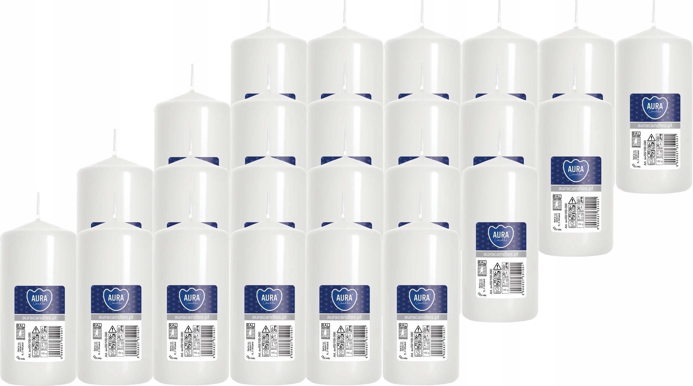 24x Bílá Válcová svíčka bez vůně, Parafínová Svíčka 10 CM 20 H 150 G