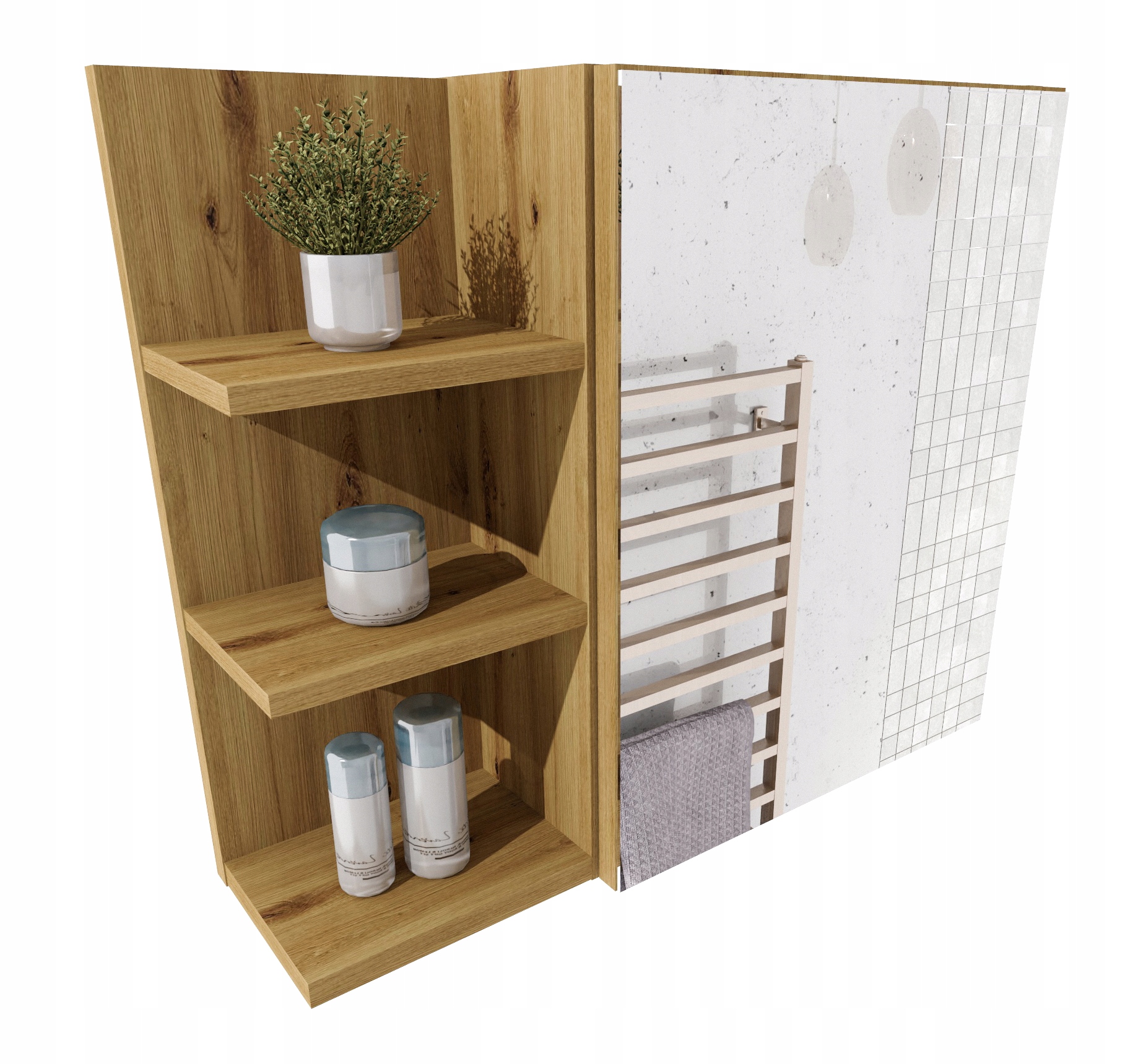 Skříňka Koupelnový Regál Artisan S Policemi Zrcadlo Moderní Závěsná Levá