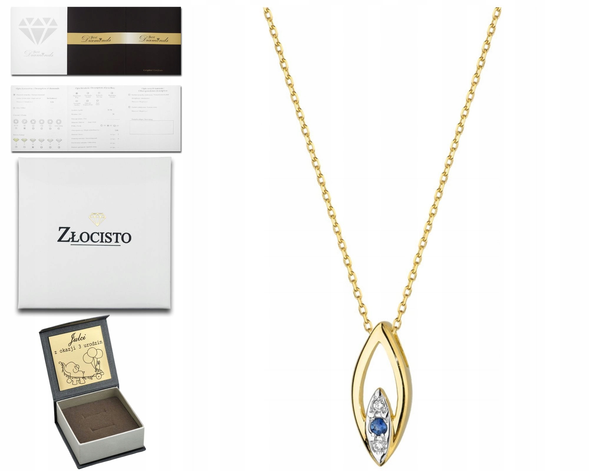 Zlatý Náhrdelník Se Safíry A Brilianty, Slza 585