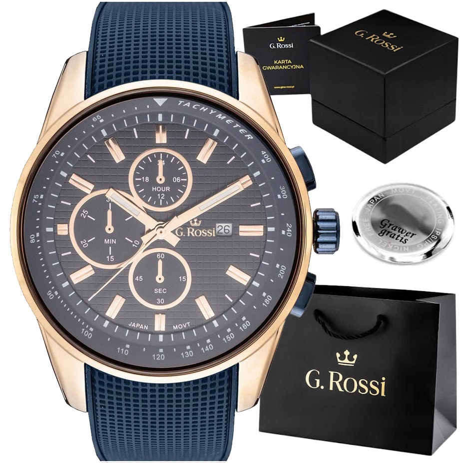 Pánské hodinky G. Rossi s datumovkou gumový pásek Krabička Gravírování