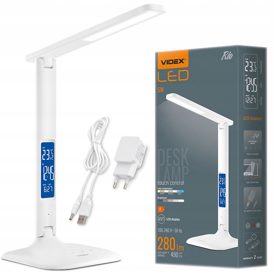 Lampka biurkowa regulacja BUDZIK ZEGAR DATA BIAŁA