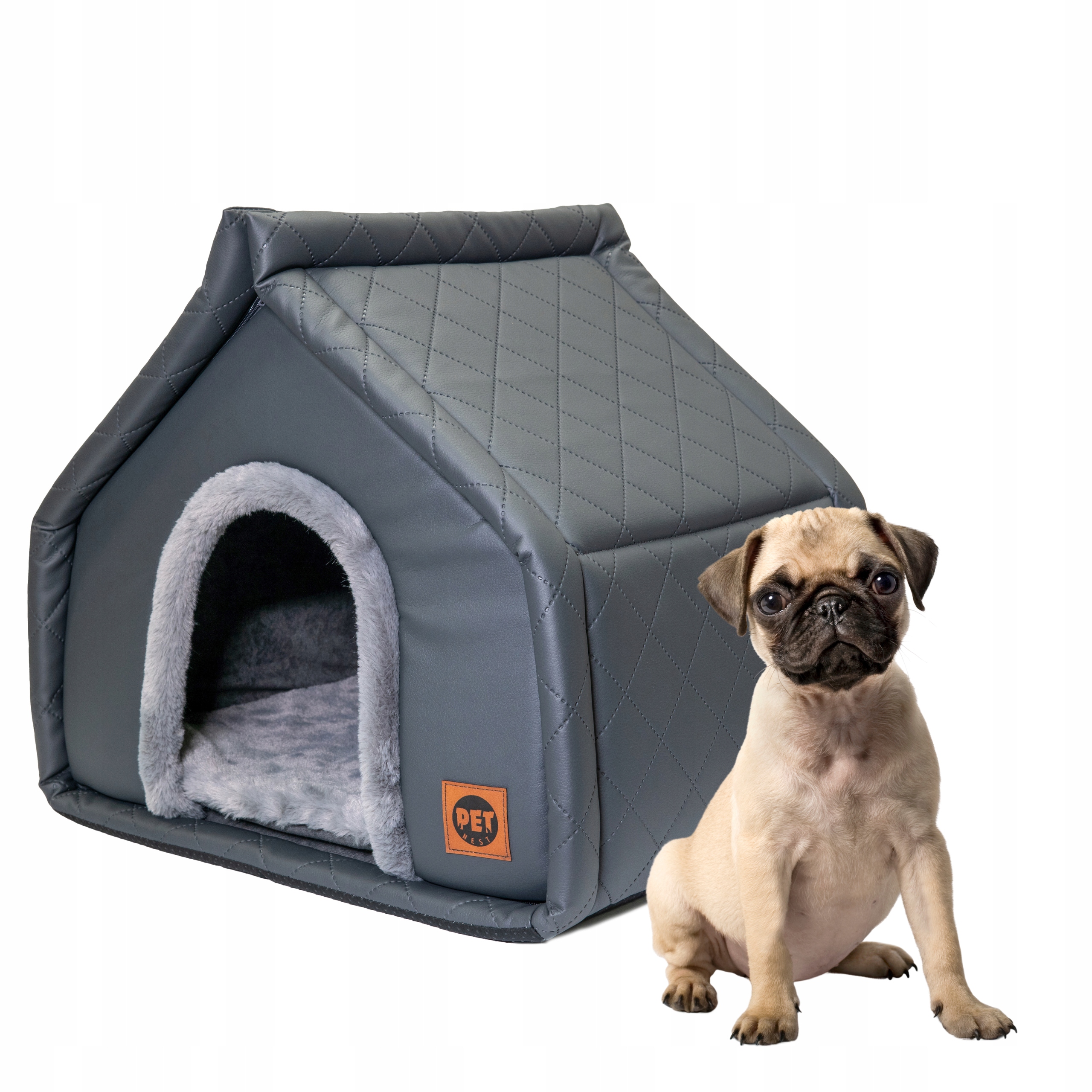 Levně Skládací budka Domek Pelíšek 2v1 pro psa kočku 52x42 cm Grafit s kožešinou