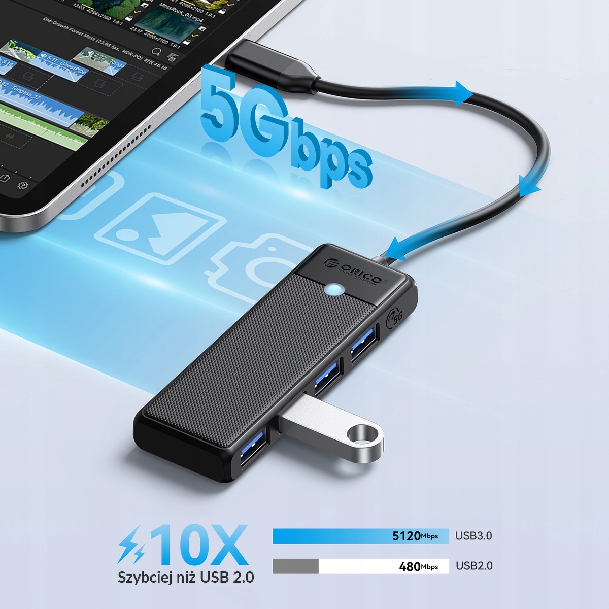 Orico Hub USB-C - 4x USB-A 3.0 5 Gbps LED zgodny z Thunderbolt 3/4 Producent Orico