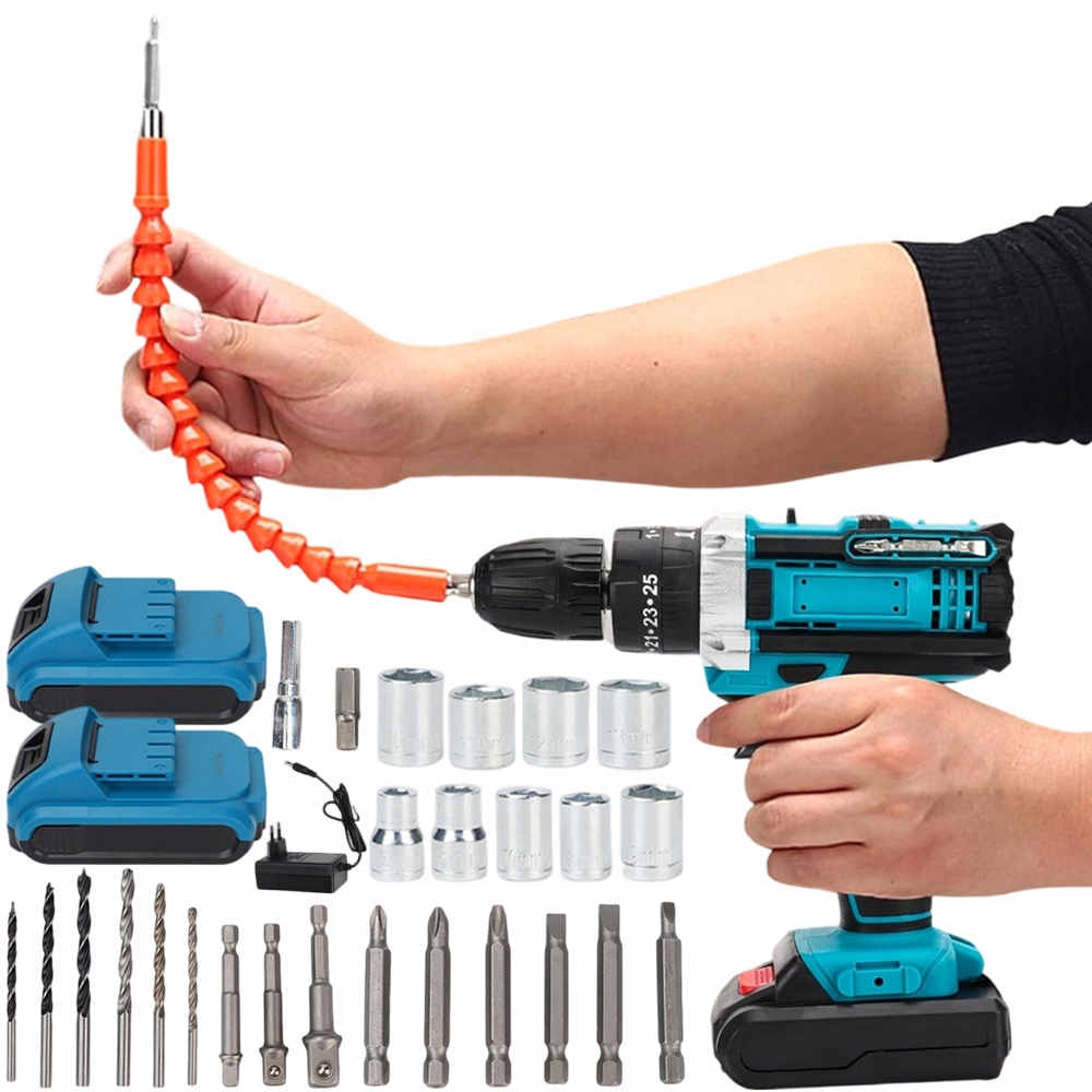 Příklepová Vrtačka Akumulátor 21V 2ks Kompletní sada s koncovkami