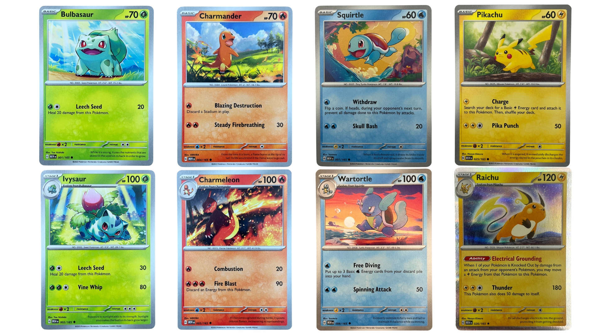 Karty Pokemon TCG Bulbasaur Charmander Squirtle Pikachu Ewolucje MEW 151