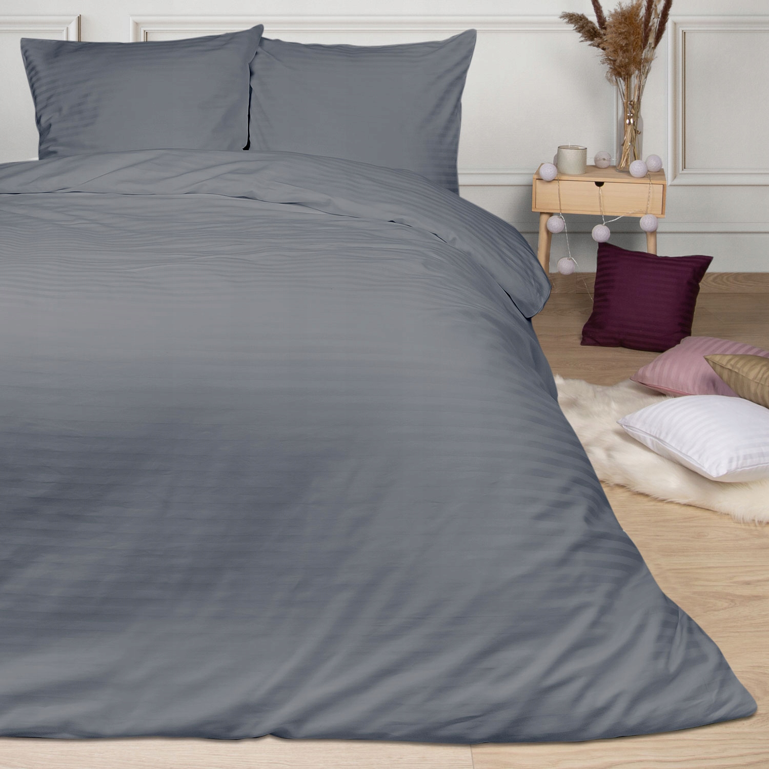 Povlečení saténové 200x220 antracitově šedé pruhy jednobarevné